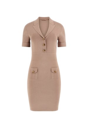 Knee-length beige dress with a fitted design, short sleeves, a collar, three button front, and two front pockets with gold accents.