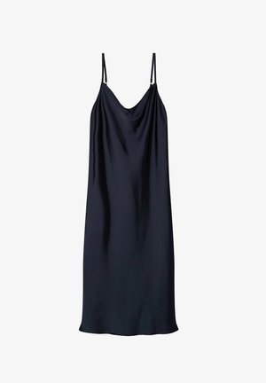Czarna, satynowa sukienka bez ramiączek z drapowanym dekoltem, gładką teksturą i luźnym krojem, który kończy się powyżej kolan. Regulowane cienkie ramiączka.