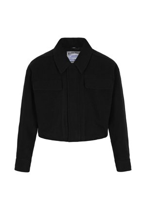 Mustade lühikesed joped pikkade varrukatega, suur krae ja kaks esiõmbluspocketit, esitatud valgel taustal.