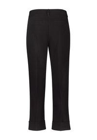 Pantalon noir sur mesure avec ourlets retroussés, passants de ceinture et deux poches passepoilées à l'arrière, vu de dos sur un fond blanc.