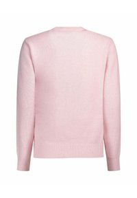 Pull rose clair en tissu tricoté, doté d'un col rond, de manches longues, et de poignets et ourlet côtelés. Design uni sans motifs.