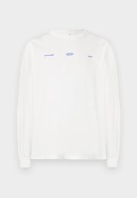 White long-sleeve t-shirt with a crew neck. Features blue printed text and logo detail on the front. Soft cotton fabric, casual fit.