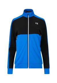 Blå och svart zip-up träningsjacka med hög krage, elastiska muddar och kontrasterande sidopaneler; har vit dragkedja och logotyp.