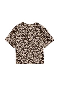 Īsām piedurknēm ķermeņa piegriezuma tops, izgatavots no beigu auduma ar melnu un brūnu leoparda rakstu. Apaļš kakla izgriezums; brīvs piegriezums.