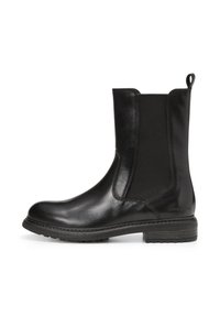 Stivale alla caviglia in pelle nera con pannelli laterali elastici, punta rotonda e tacco basso impilato. Presenta un taglio sul retro per una facile calzata.