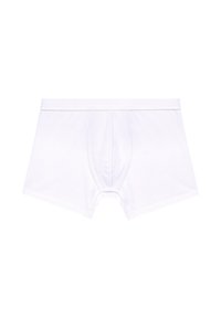 Boxer da uomo bianchi realizzati in un tessuto morbido e elasticizzato. Presentano un elastico in vita e una tasca frontale con dettagli cuciti per una maggiore struttura.