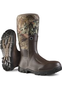 Braune Gummistiefel mit camouflaged Mustern am Schaft, strukturierten Sohlen für besseren Halt und einem Flex Zone-Design für Komfort und Flexibilität.