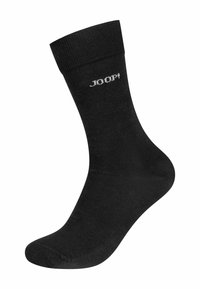 Calzini neri in cotone con bordo a coste, caratterizzati da un discreto logo argento "JOOP!" vicino alla parte superiore. Texture liscia e design standard di lunghezza media.
