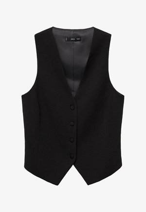 Gilet nero con design a V, chiusura a cinque bottoni e senza maniche. Realizzato in un tessuto testurizzato con una fodera liscia.