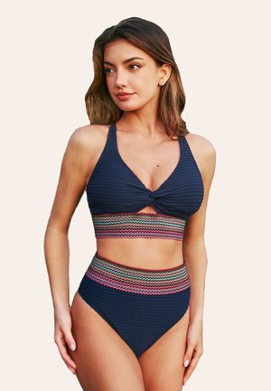 Cupshe SET V AUSSCHNITT TWIST FRONT HIGH WAIST WELLENMUSTER ZWEITEILIGER - Bikini - dunkles marineblau
