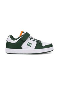 Zelené a biele tenisky s dizajnom na šnurovanie a suchý zips. Obsahujú logo DC a gumovú podrážku, kombinujúcu kožu a syntetické materiály.
