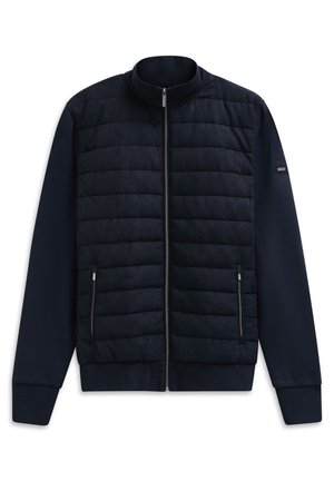 Marineblauer gepolsterter Jacke mit Stehkragen, Reißverschluss und Seitentaschen. Mit strukturiertem gesteppter Vorderseite und einfarbigen Ärmeln.