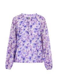 Blusa leggera a maniche lunghe di colore viola con motivi floreali. Presenta un collo rotondo e una cravatta davanti. Tessuto semi-trasparente.