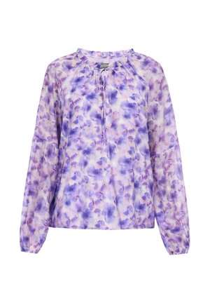 Kerge, pika käisega pluus lillat värvi lillemustriga. Omab ümmargust kaelust ja sidumist ees. Poolläbipaistev kangas.