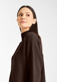 Bruine, hoge-nek sweater met een relaxed fit. Zachte textuur, gedropte schouders en ribbelkraag detail. Eenvoudig ontwerp, geen zichtbare patronen.