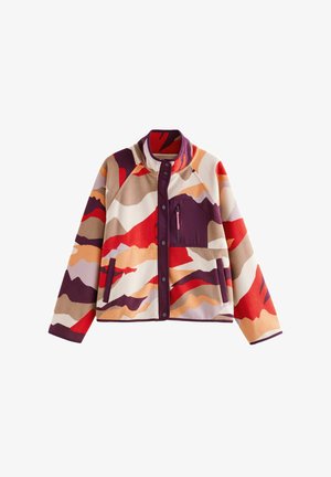 Fleece jaka ar abstraktu rakstu siltos sarkanajos, oranžajos, bēšos un purpura toņos, ar rāvējslēdzēja krūšu kabatu un augstu apkakli.