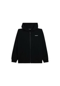 Felpa nera con zip a tutta lunghezza, cappuccio, tasche frontali, logo "FREDDY" sul petto e dettagli testuali discreti sulle maniche, su sfondo bianco.