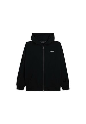 Felpa nera con zip a tutta lunghezza, cappuccio, tasche frontali, logo "FREDDY" sul petto e dettagli testuali discreti sulle maniche, su sfondo bianco.