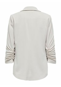 Blazer gris clair avec col à revers, tissu texturé et manches froncées. Dos droit, coupe décontractée et ourlet incurvé.