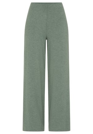 Hoge taille, wijd uitlopende broek met ribgebreide stof in gedempte saliegroene kleur, met een rechte snit en naadloze tailleband.