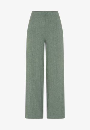 Pantalones de punto acanalado de talle alto y pierna ancha en un verde salvia apagado, con corte recto y cinturilla sin costuras.