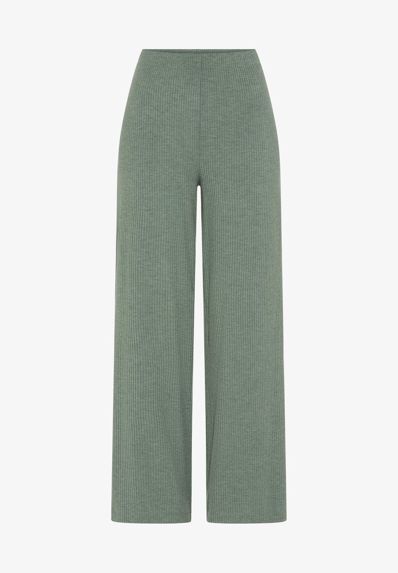 Aukštos liemens, plačių kojų megzti ribuoti kelnės ramiai šalavijų žaliame atspalvyje, tiesaus kirpimo su be siūlių juosmeniu.