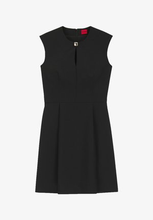 Zwarte mouwloze jurk met ronde halslijn, klein vooraan sleutelgat met sluiting, getailleerde taille en een A-lijn rok.