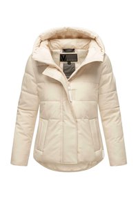 Veste rembourrée de couleur crème avec fermeture éclair, col montant et grandes poches latérales. Fabriquée en tissu doux avec une texture lisse.