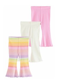 Drie paar flared leggings: één in effen roze, één in effen wit en één gestreept in pastelroze, groen, geel en lavendel. Geribbelde textuur.