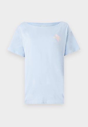 Light blue cotton t-shirt with a relaxed fit, round neckline, and short sleeves. Features a small graphic design on the chest.