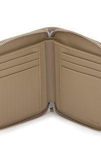 Light beige leather wallet interior with six card slots and a zippered closure, featuring smooth texture and minimalistic design.