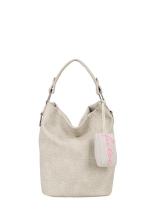 Beige textured bucket bag with a single handle and a small attached pouch featuring pink cursive writing.