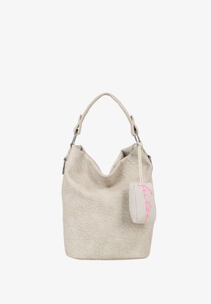 Beige textured bucket bag with a single handle and a small attached pouch featuring pink cursive writing.