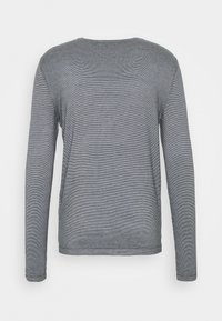Graues Langarmshirt mit rundem Halsausschnitt, aus leichtem Stoff mit dezenten horizontalen Streifen und gerippten Bündchen.