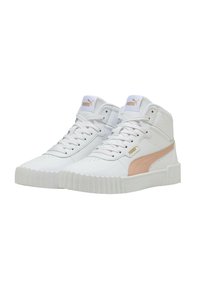 Witte Puma high-top sneakers met een lichtroze zijstreep, witte veters en dikke ribbelsol.