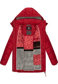 Red padded jacket with a detachable hood. Interior lined with a patterned red fabric and grey fleece. Features multiple pockets and a logo tag.