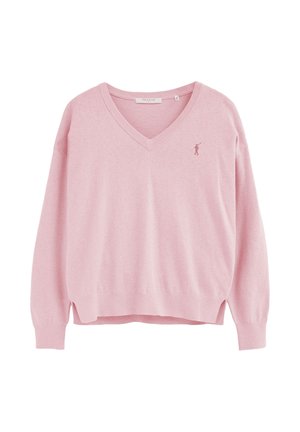 Hellrosa V-Ausschnitt Langarmpullover mit gerippten Bündchen, kleinem gesticktem Logo auf der Brust und einem leicht verkürzten, lockeren Schnitt.