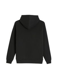 Czarna bluza z kapturem o miękkiej teksturze, z kieszenią kangurzą oraz ściągaczami na rękawach i u dołu, prezentująca minimalistyczny design.