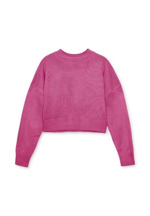 Suéter de punto recortado en color rosa con mangas largas, cuello y dobladillo acanalados, que presenta un ajuste holgado y una superficie texturada.