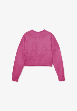 Suéter de punto recortado en color rosa con mangas largas, cuello y dobladillo acanalados, que presenta un ajuste holgado y una superficie texturada.