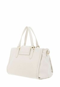 Sac à main synthétique blanc avec ferrures dorées, double poignée et forme structurée. Texture lisse et design minimaliste avec une fermeture à rabat.