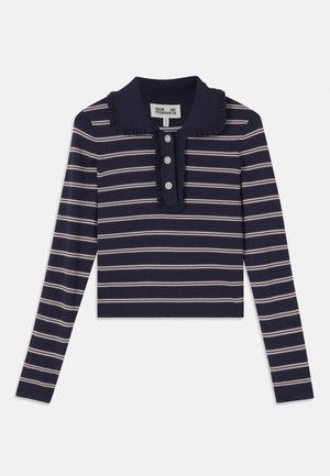 Navy long-sleeve shirt with pink horizontal stripes, ruffled collar, and three-button placket at the front; made from a soft, stretchy material.