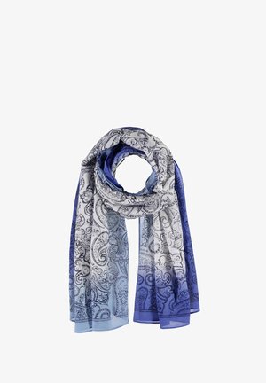 Szalik z gradientem od jasnoniebieskiego do ciemnoniebieskiego z misternymi wzorami paisley, delikatnie ułożony i zawiązany w pętlę.