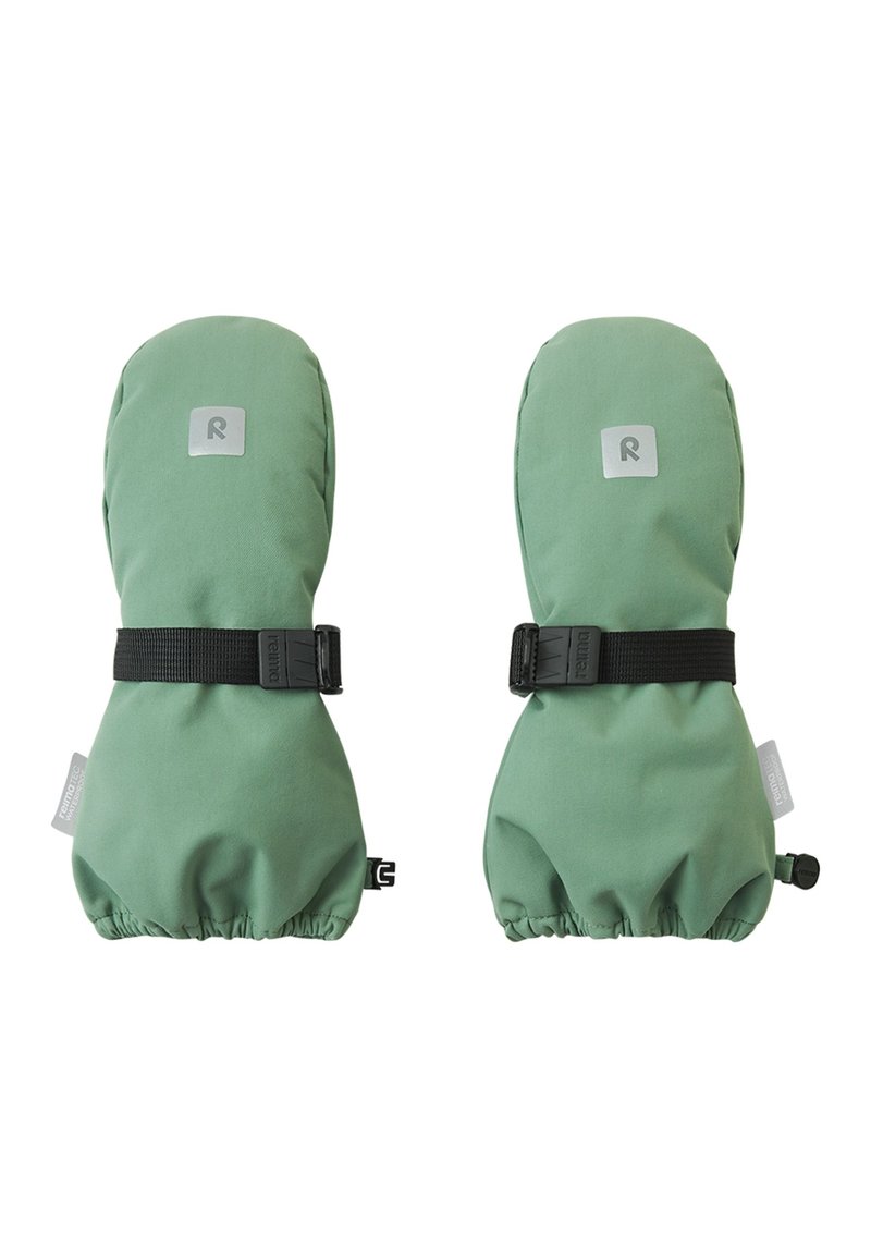 Muffole in tessuto verde con polsini elasticizzati e cinturini neri regolabili. Presentano un logo argentato sulla parte anteriore e una texture liscia e opaca.