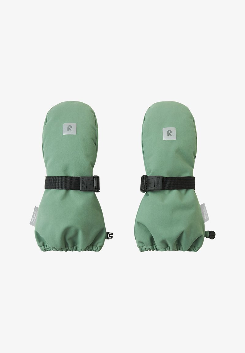 Muffole in tessuto verde con polsini elasticizzati e cinturini neri regolabili. Presentano un logo argentato sulla parte anteriore e una texture liscia e opaca.