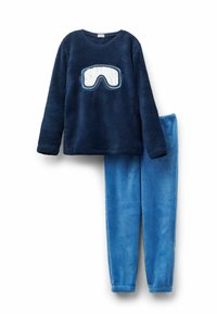 Navy blue fleece top with white ski goggles embroidery; paired with light blue fleece pants. Soft texture, long sleeves, and elastic cuffs.