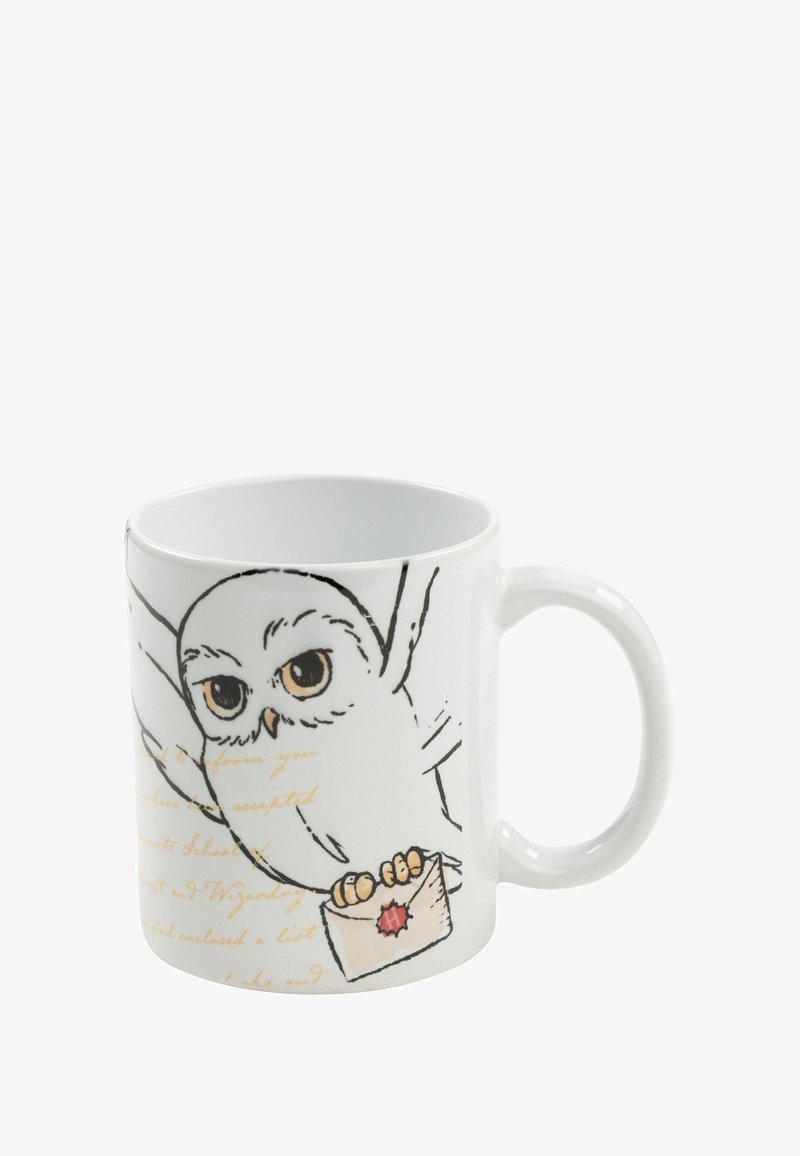 Tazza di ceramica con una superficie bianca, caratterizzata da un'immagine di un gufo che tiene una busta, rifinita con dettagli marroni e testo in stile scritto a mano.