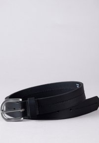 Black leather belt with a silver metal buckle, smooth texture, and several holes for adjustment. The design is simple and classic.