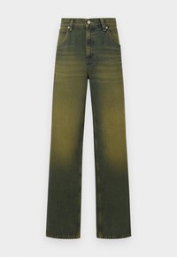 Jeans din denim verde, cu un gradient estompat, talie înaltă, design cu picioare largi, cinci buzunare și închidere cu buton metalic.