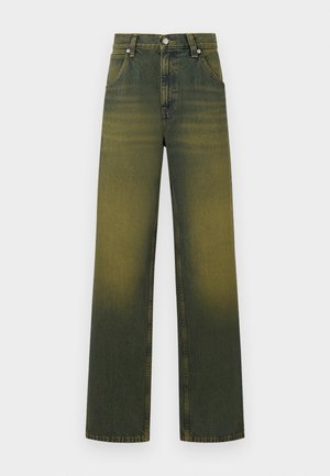 Calças de ganga verde com um gradiente desbotado, cintura alta, design de pernas largas, cinco bolsos e fecho com botão de metal.